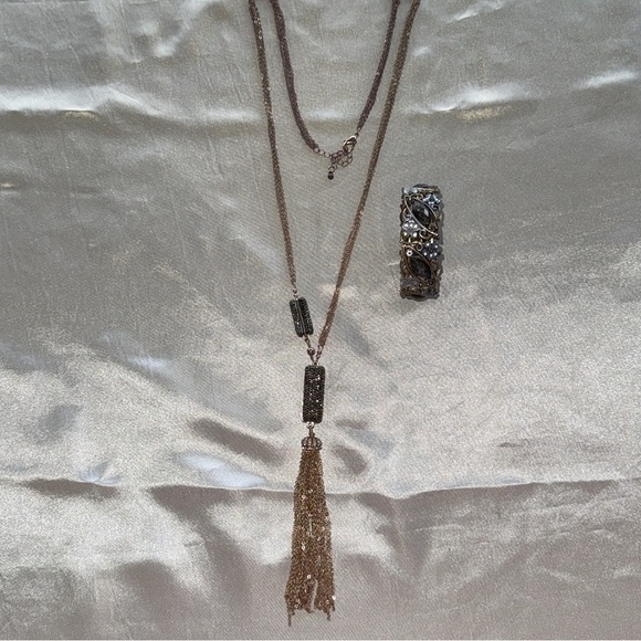 Hematite Encrusted Long Tassel Necklace with Cuff Bracelet Elegant Silver Gold - Picture 14 of 15